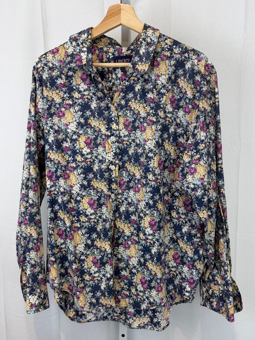 LIBERTY Vtg Tana Lawn Floral Button Down Shirt Long Sleeve Blue Multicolor US 14